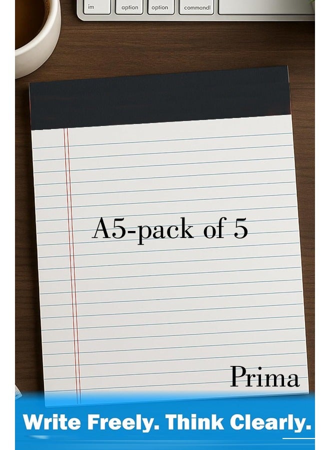 PRIMA Pack of 5 notepad lined paper 40 sheets A5 size - Image 1